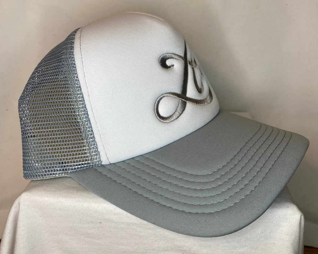 Gray and white shoe with a brand logo on a light background